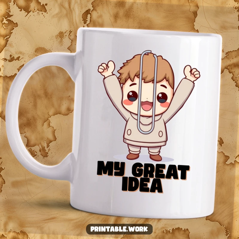 Funny mug depicting a character triumphantly holding a single, oversized paperclip, symbolizing office achievement.