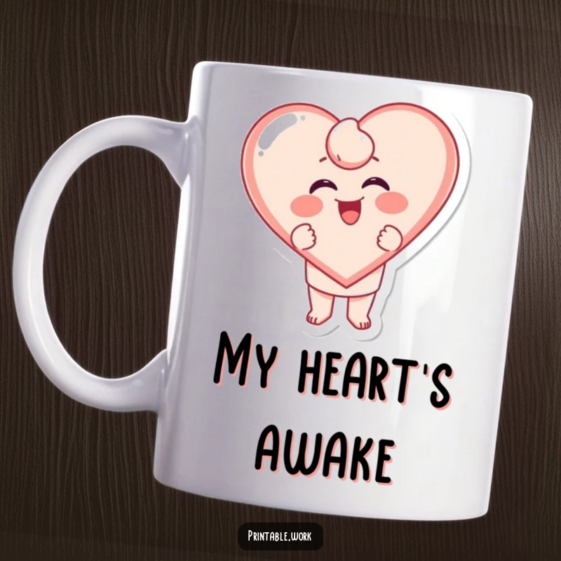 Funny Stamping Heart Mug: A character excitedly stamping a large, giggling heart shape, full of love and mirth.