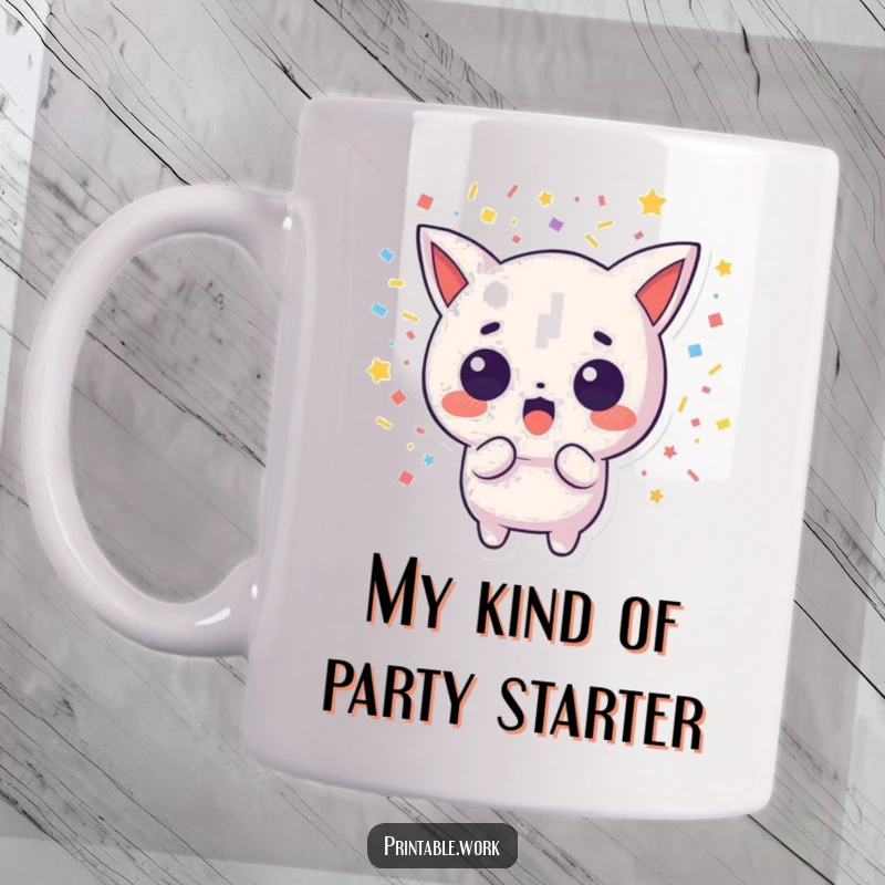 Funny mug featuring a shocked Kawaii character showering in colorful confetti, a whimsical and celebratory design.