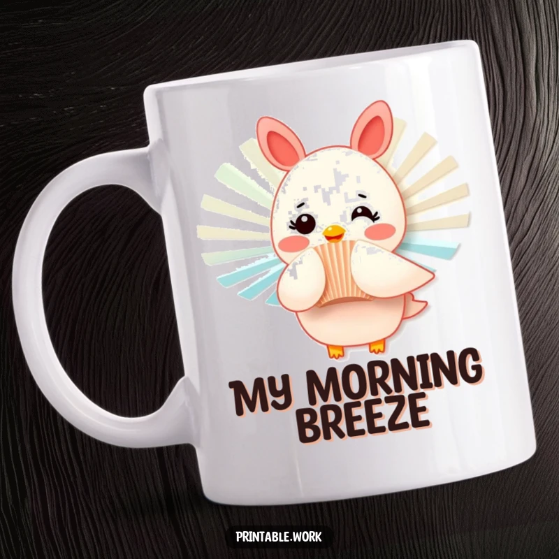 Funny mug showing a paper fan character with rosy cheeks fluttering playfully, radiating cheerful energy.