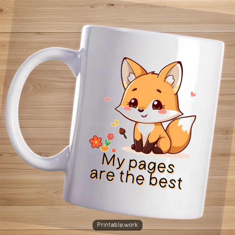 Funny Kawaii Fox Scrapbooking Mug featuring a happy fox with a glue stick, smiling brightly while decorating a vibrant scrapbook page, a perfect funny gift.