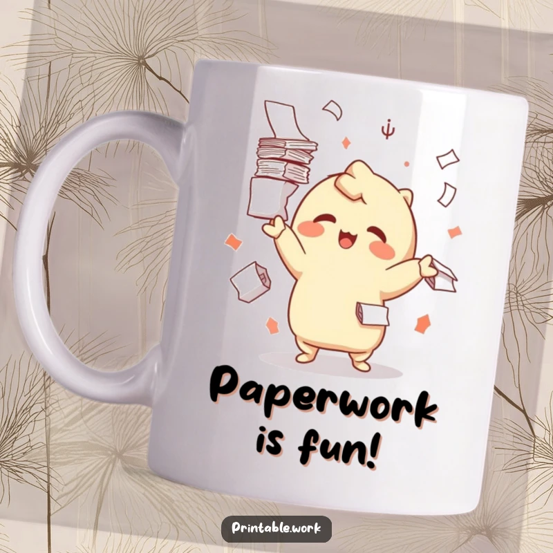 Funny mug featuring a joyful Kawaii character expertly juggling tall stacks of paper, conveying playful productivity.