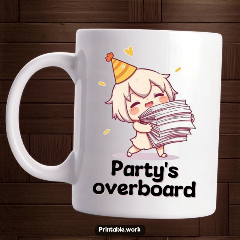 Funny Tripping Character Mug: A cute character in a party hat comically trips with a huge stack of papers, a funny office mishap.