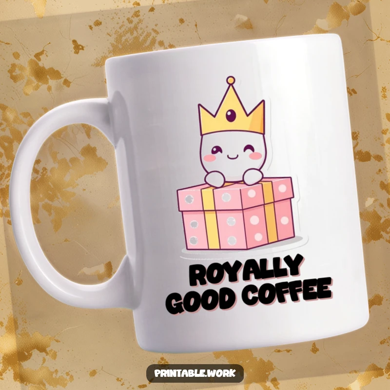 Funny paper crown character with a cheerful expression sitting atop a present, on a mug, looking regal and festive.