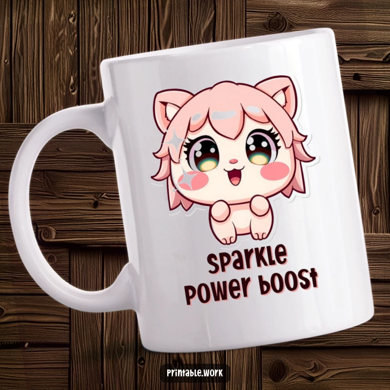 Funny Kawaii character with wide, amazed eyes fixated on a shiny, sparkling sticker, celebrating obsession and joy.