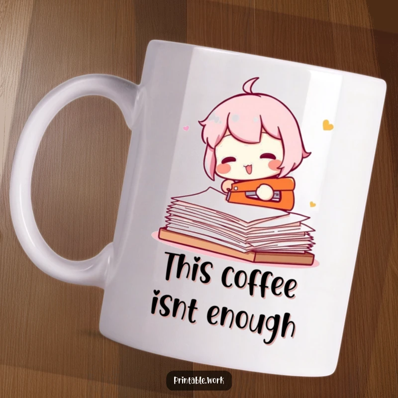 Funny mug showing a character comically trying to staple an entire ream of paper, highlighting office absurdity and frustration.