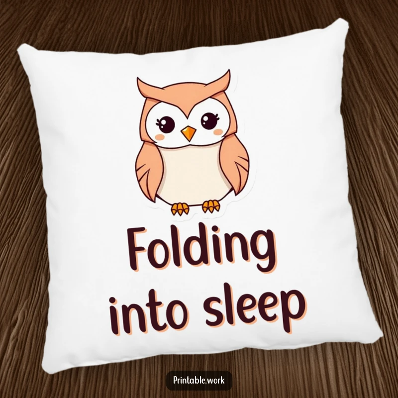 Funny Kawaii Owl Origami Pillow depicting a determined owl engrossed in folding paper into a delicate origami shape, a cozy and funny gift.