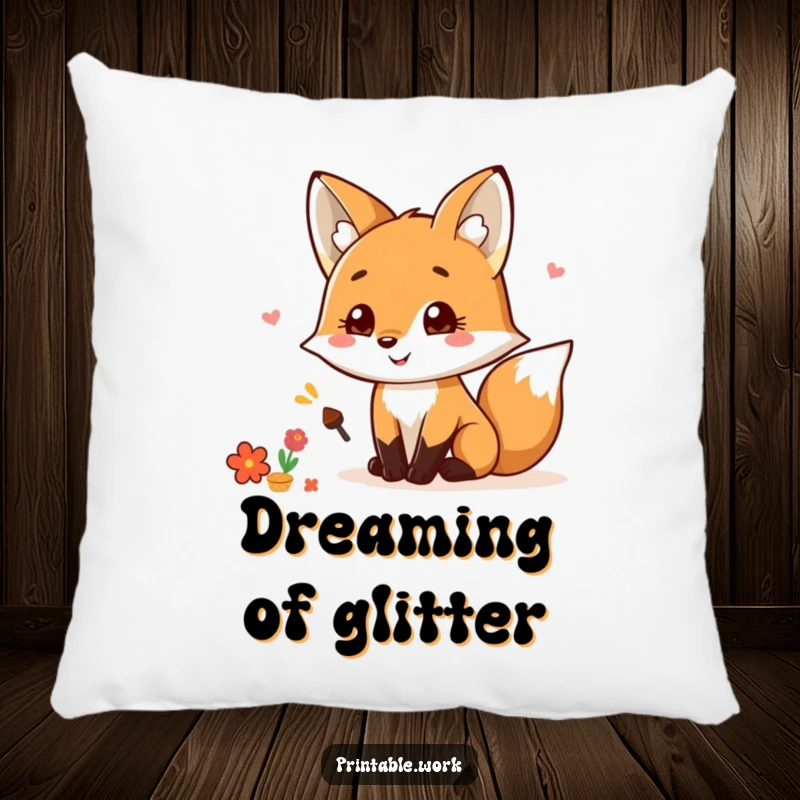 Funny Kawaii Fox Scrapbooking Pillow with a happy fox, glue stick, and scrapbook elements, offering comfort and a touch of humor, a perfect funny gift.