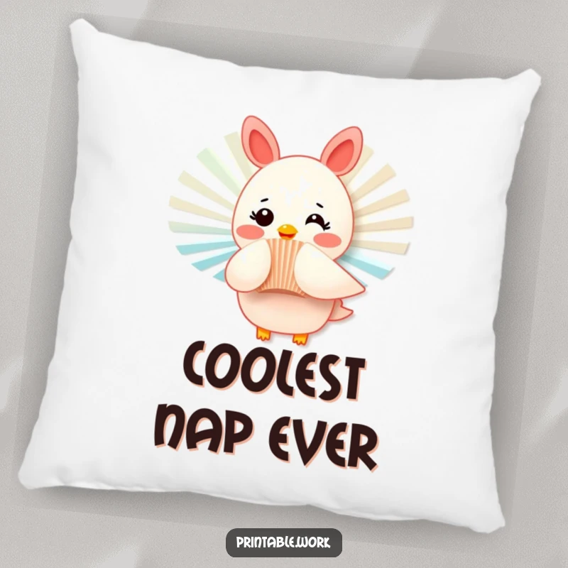 Funny pillow depicting a rosy-cheeked paper fan character fluttering playfully, offering comfort and a touch of humorous support.