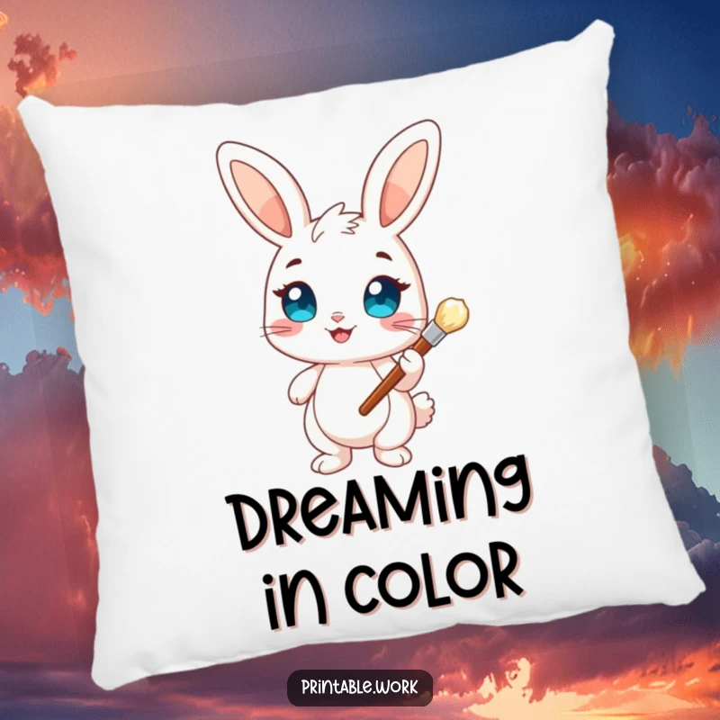 Funny Bunny Artist Pillow: A soft pillow featuring a cheerful bunny with bright eyes holding a paintbrush, adding comfort and artistic humor.