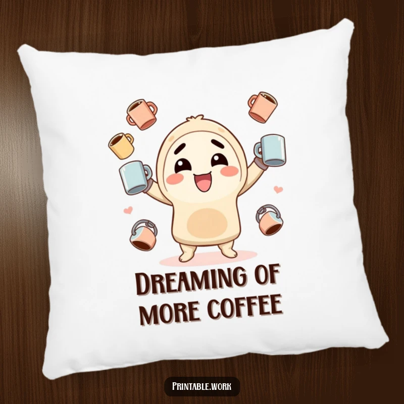 Funny Pillow: Soft and huggable kawaii character juggling coffee mugs with a joyful expression, adding comfort and humor to your home.