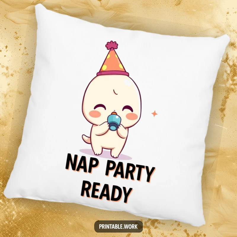 Funny Kawaii character wearing a party hat, blowing a noisemaker, printed on a soft, decorative pillow for festive comfort.