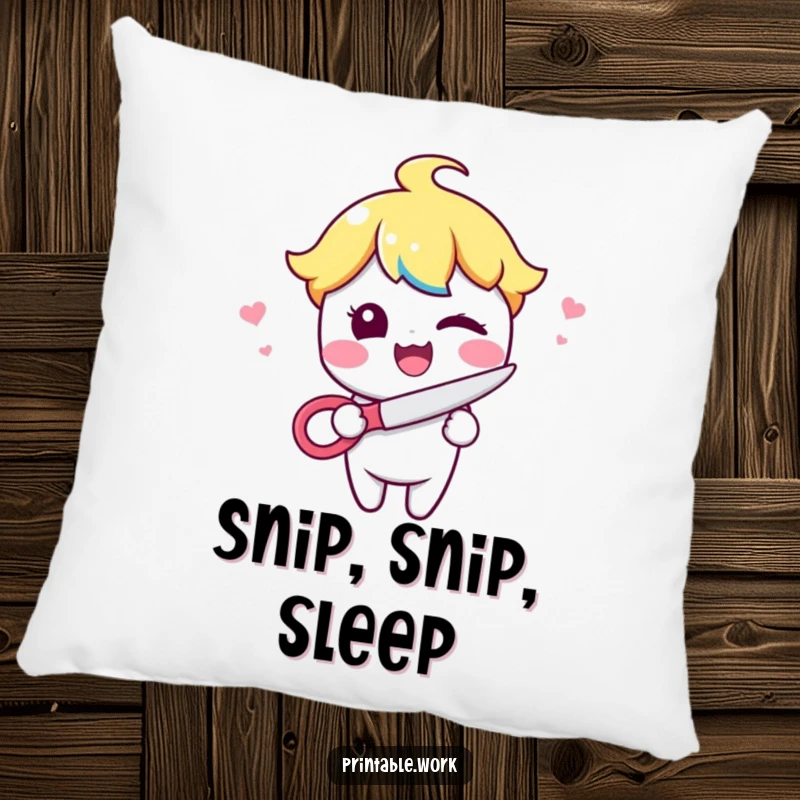 Funny Kawaii character winking playfully while holding scissors printed on a soft, decorative pillow for cozy and witty moments.