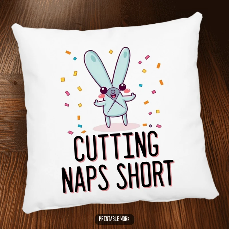 Funny playful scissors character pillow, happily snipping confetti, adding comfort and a festive touch to any room.