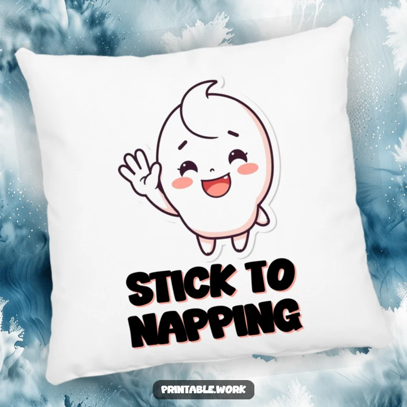 Funny waving sticker pillow with a cute, happy character smiling and waving enthusiastically, adding comfort and a cheerful touch to any room.