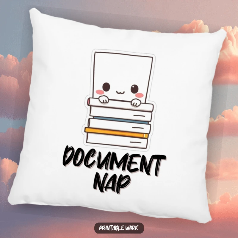 Funny pillow: Paper character shyly peeking from behind documents, soft and humorous decorative item for comfort.