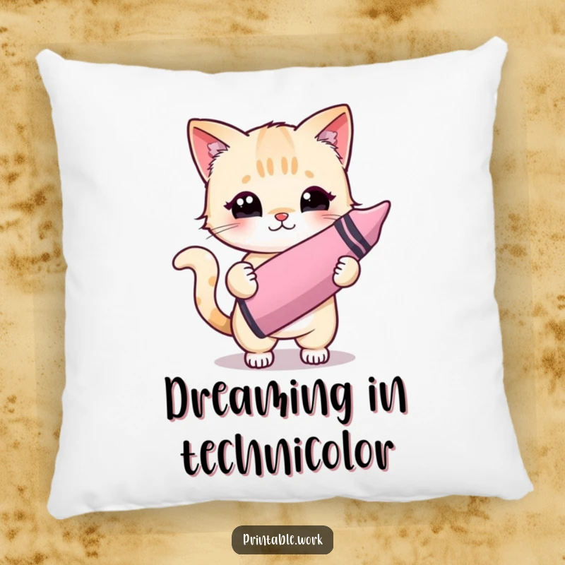 Funny Kawaii cat character propped up on a pillow, holding a crayon, embodying cozy artistic vibes.