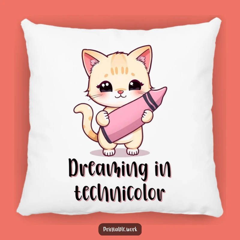 Funny Kawaii Cat Crayon Artist Pillow: Cozy Comfort and Artistic Humor