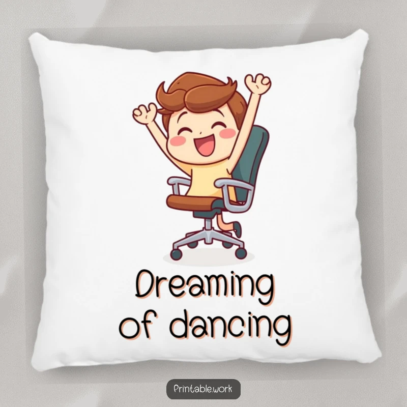 Funny pillow featuring a character joyfully dancing and spinning in an office chair, a humorous depiction of energetic fun.