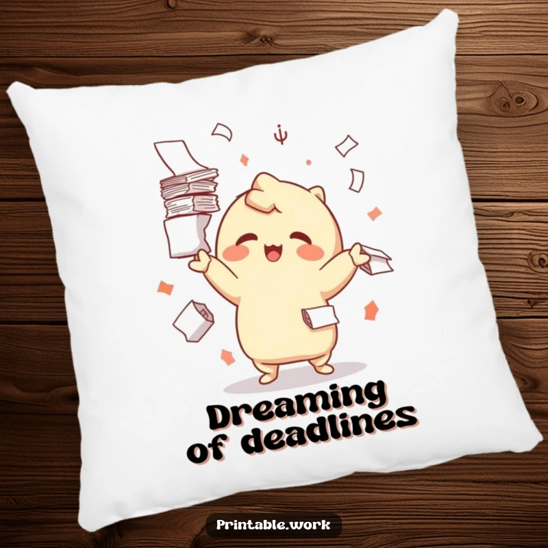 Funny pillow featuring a cheerful Kawaii character juggling paper stacks, offering comfort and a humorous touch.