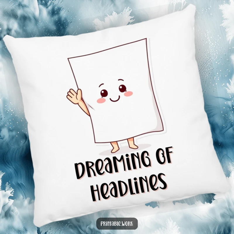 Funny Pillow showcasing a smiling paper character energetically waving a large sheet, designed for comfort and laughter.