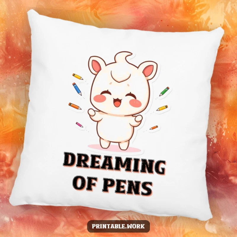 Funny Pillow: A giggling Kawaii character juggles colorful pens, offering comfort and a touch of artistic fun.