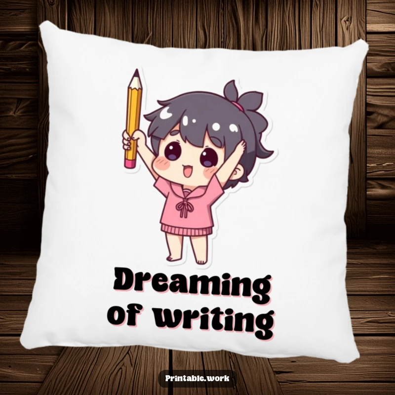 Funny pillow with a character triumphantly holding a single used pencil, offering comfort and a chuckle.