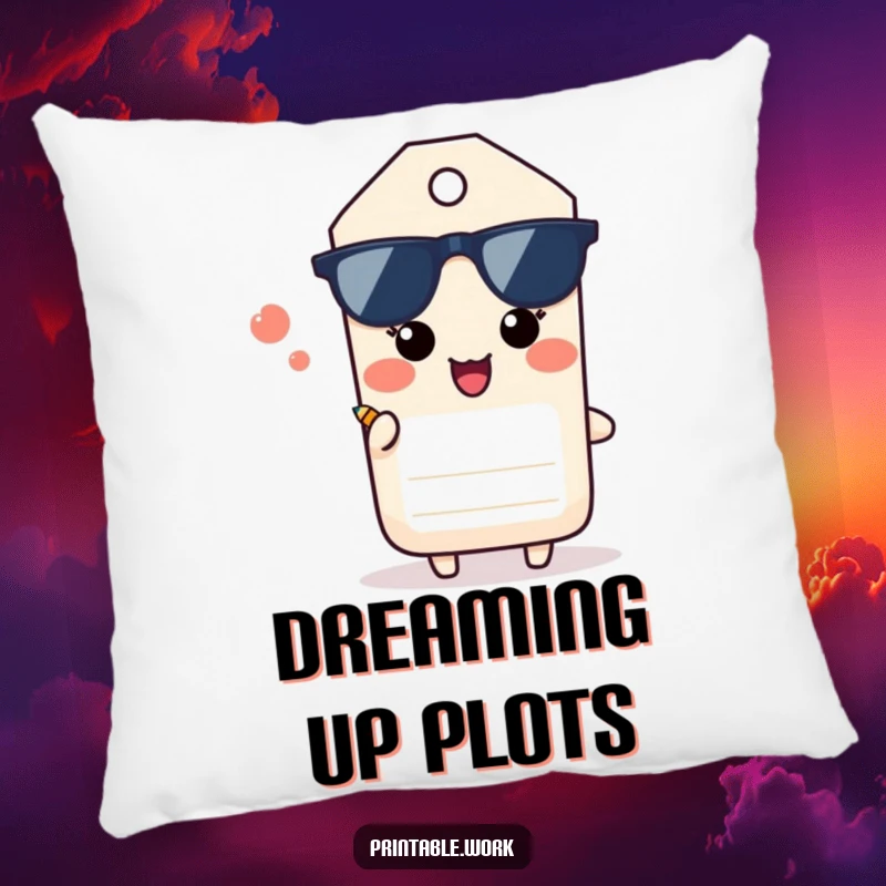 Funny Paper Tag Pillow: A paper tag character sighs happily offering a tiny pencil, providing soft and funny decor.