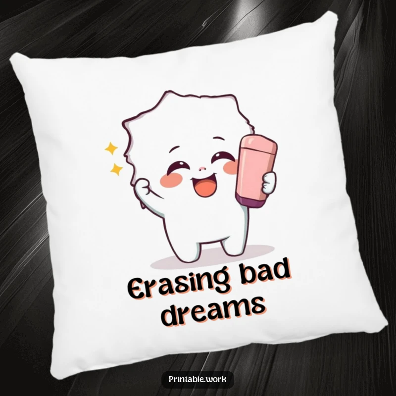 Funny pillow with a giggling character using a giant eraser to reveal a hidden image, perfect for cozy, surprising comfort.