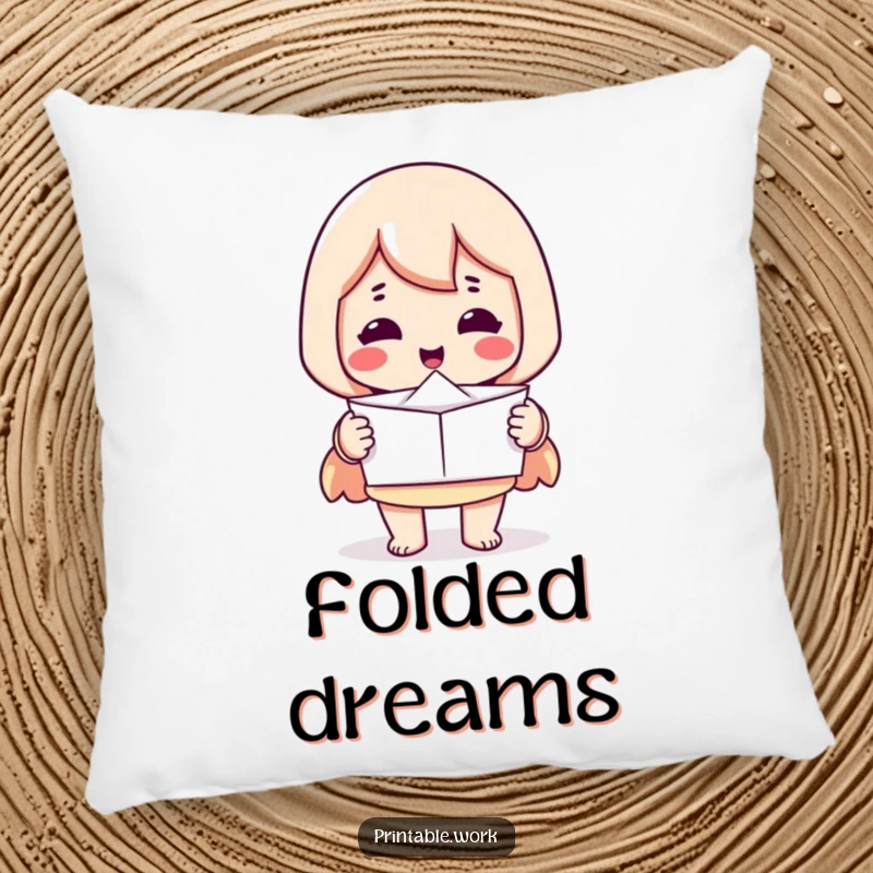 Funny pillow: Printer character offering a perfectly folded piece of paper, soft and humorous decorative item.
