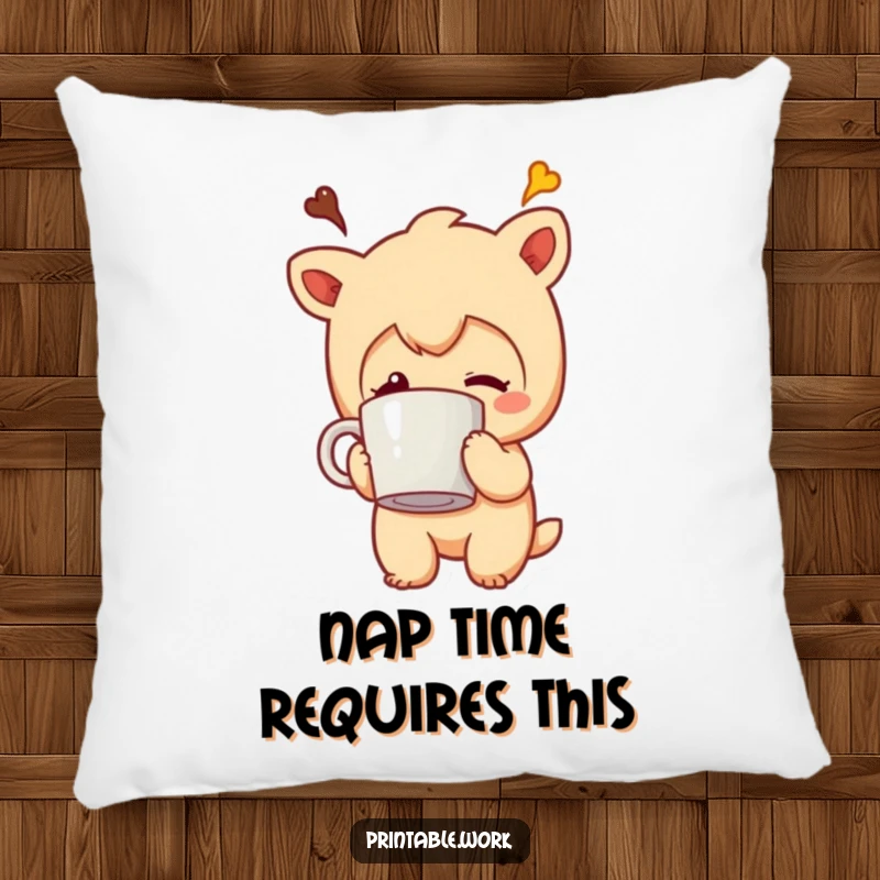 Funny pillow featuring a character with a coffee mug comically stuck to its head, perfect for adding humor to any seating area.