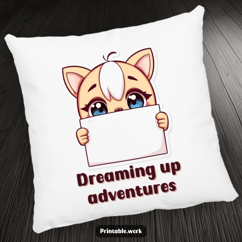 Funny pillow with a curious character with wide, excited eyes looking at a blank page, perfect for cozy contemplation and inspiration.