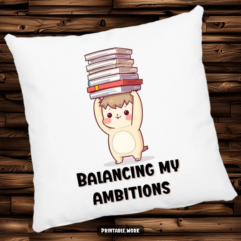 Funny throw pillow with a character precariously balancing a tall stack of documents on its head, comfort humor.