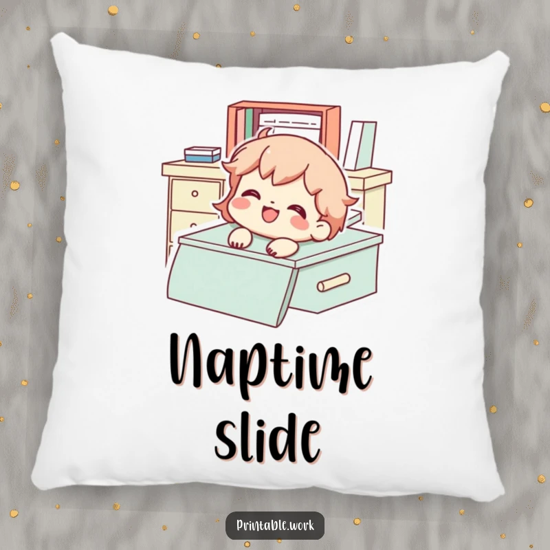 Funny Pillow featuring a character gleefully sliding down a desk with a smile, offering cozy comfort and playful humor.