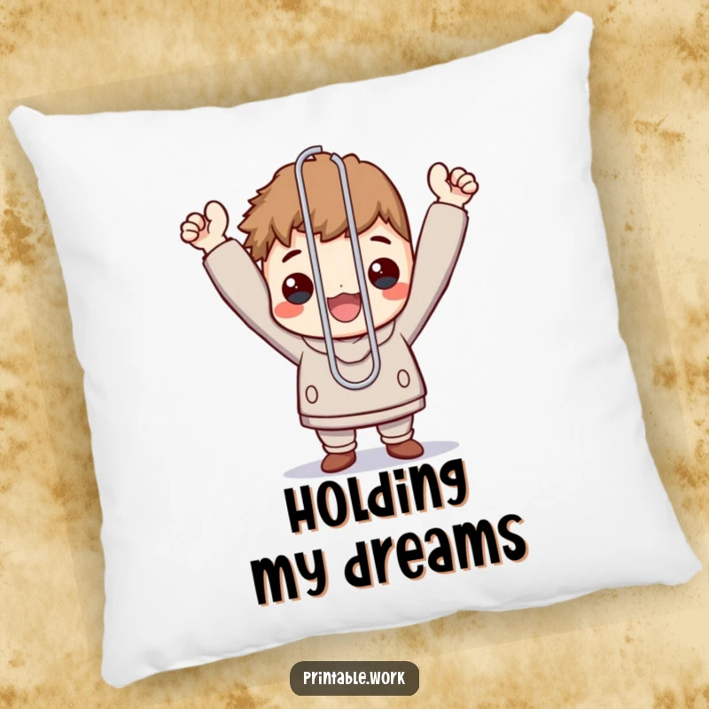 Funny throw pillow with a character triumphantly holding an oversized paperclip, symbolizing success.