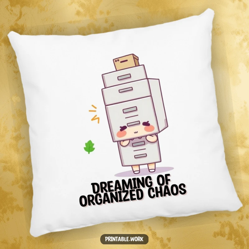 Funny filing cabinet hat pillow, character with filing cabinet on head, soft and humorous cushion.