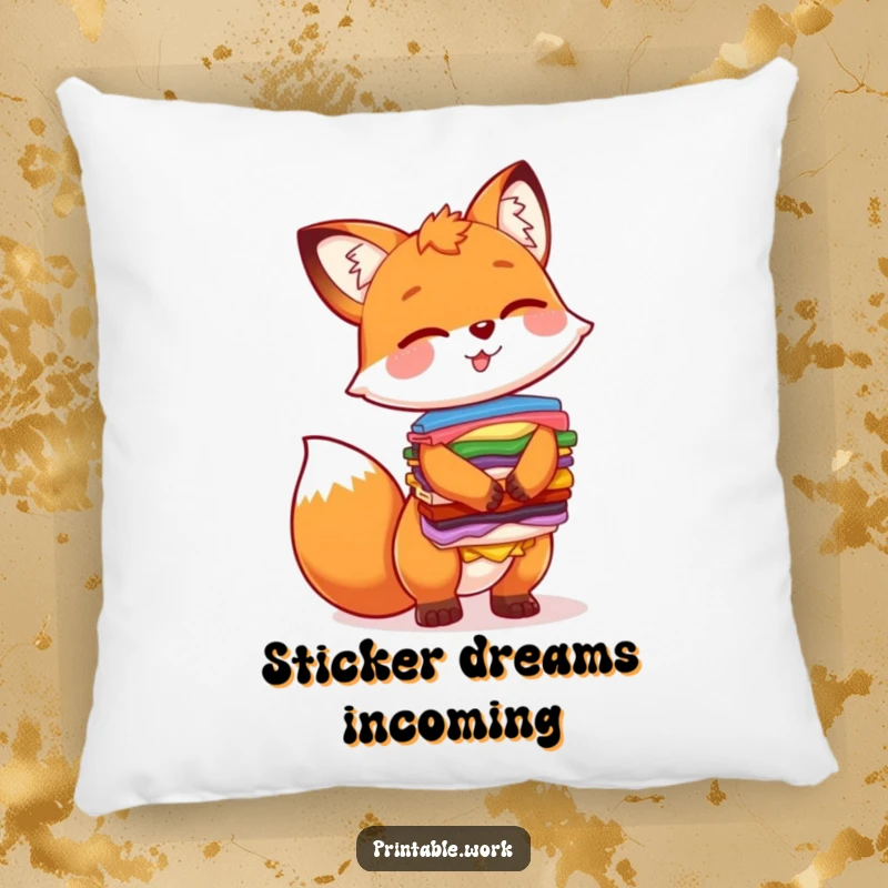 Funny pillow showing a cheerful fox character balancing a tower of vibrant stickers, perfect for adding a pop of humor.