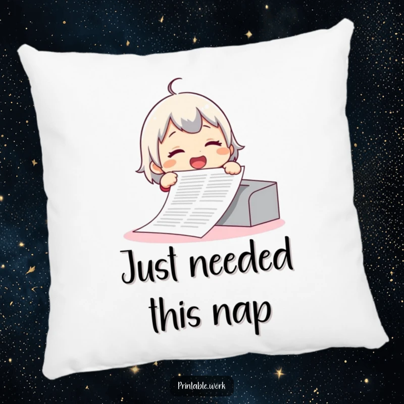Funny pillow depicting a giggling character blissfully unaware of the absurdly long document they are printing, a soft and humorous item.