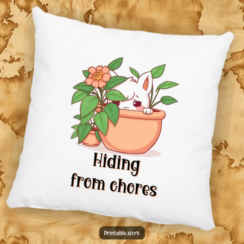 Funny hidden plant pillow with a playful character hiding behind a potted plant, designed for comfort and to spark imaginative fun.