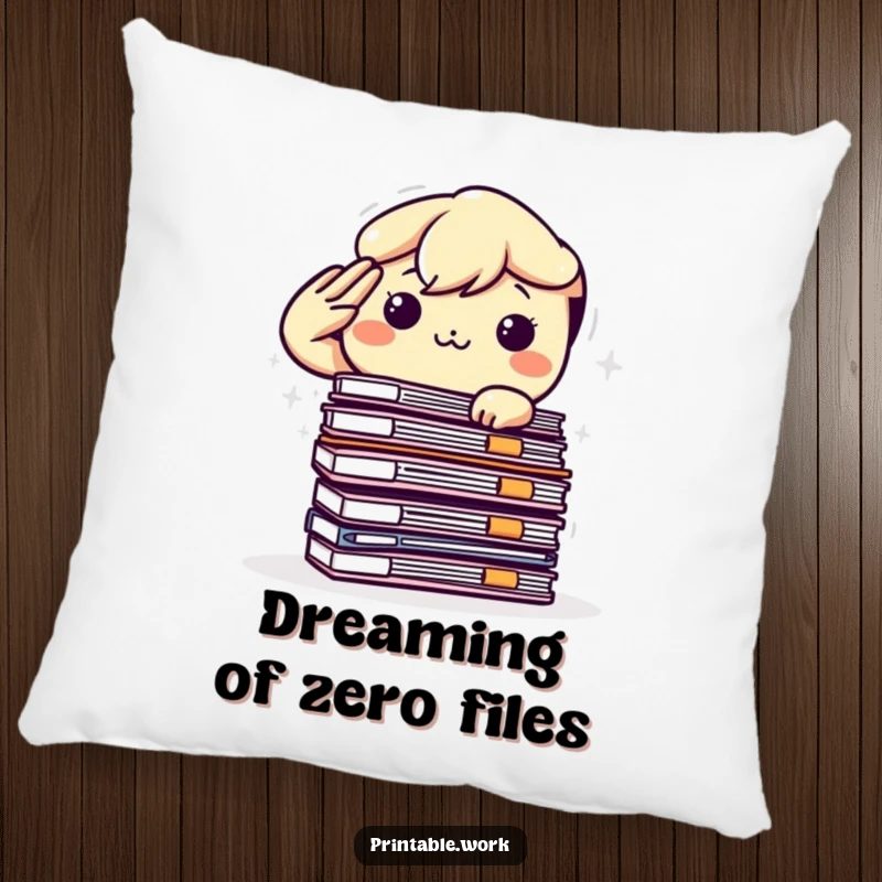 Funny Kawaii Pillow: A determined character salutes a stack of files, offering comfort and humor for any desk or sofa.