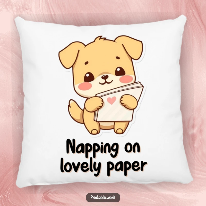 Funny Kawaii dog character resting comfortably on a pillow, surrounded by patterned paper, embodying cozy joy.