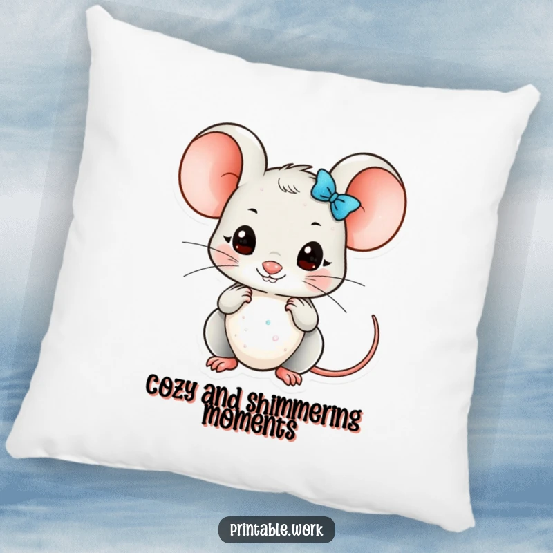 Funny Kawaii mouse character sitting on a pillow, meticulously arranging glittery embellishments, embodying cozy detail and humor.