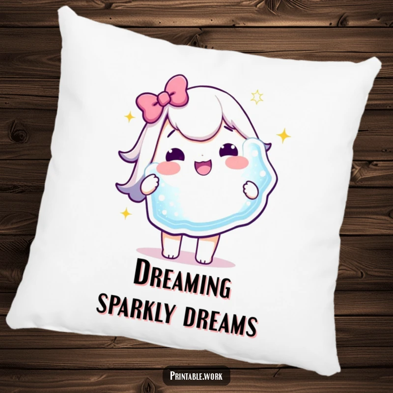 Funny Pillow: A delighted Kawaii character hugs a large, sparkly sticker, offering comfort and a touch of celebratory fun.