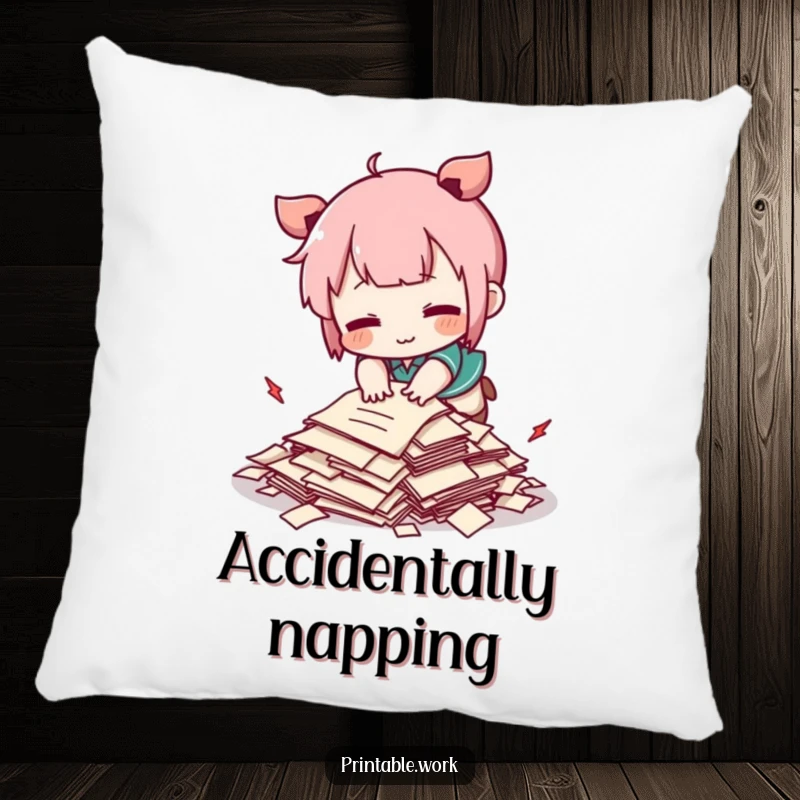 Funny Kawaii character comically tripping over a tiny pile of papers, on a decorative pillow, adding cute humor.