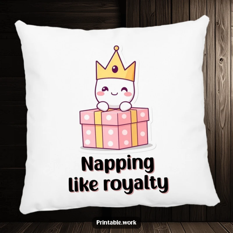 Funny paper crown character with a cheerful expression sitting atop a present, on a soft pillow, for cozy, regal comfort.