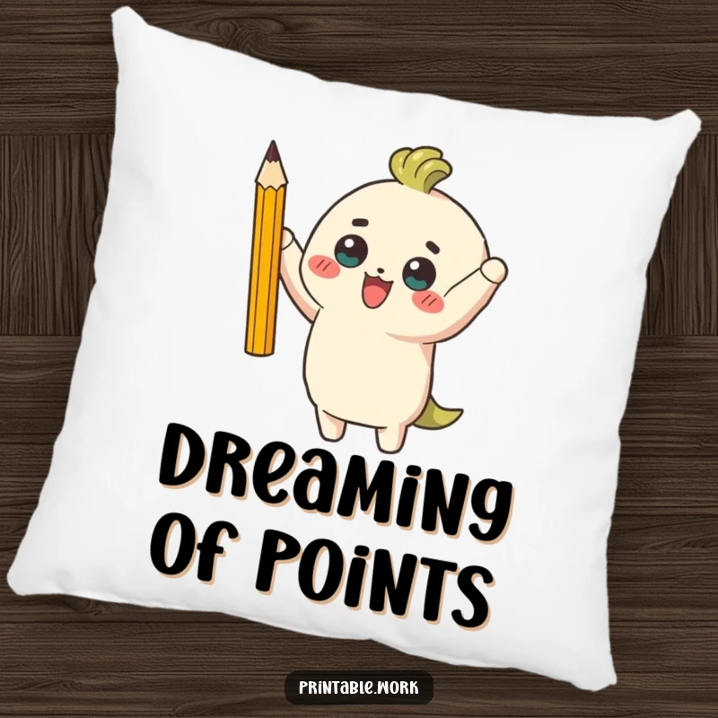 Funny pillow featuring a character exuding triumph with a perfectly sharpened pencil, perfect for adding humorous comfort to any space.