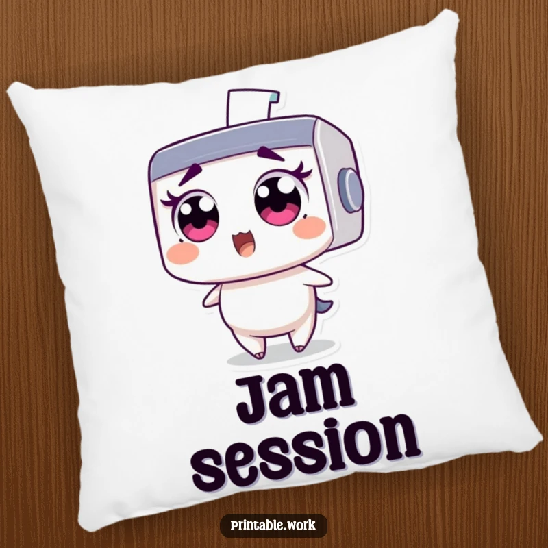 Funny pillow: Wide-eyed printer character comically startled by a flying staple, soft and humorous decorative item.