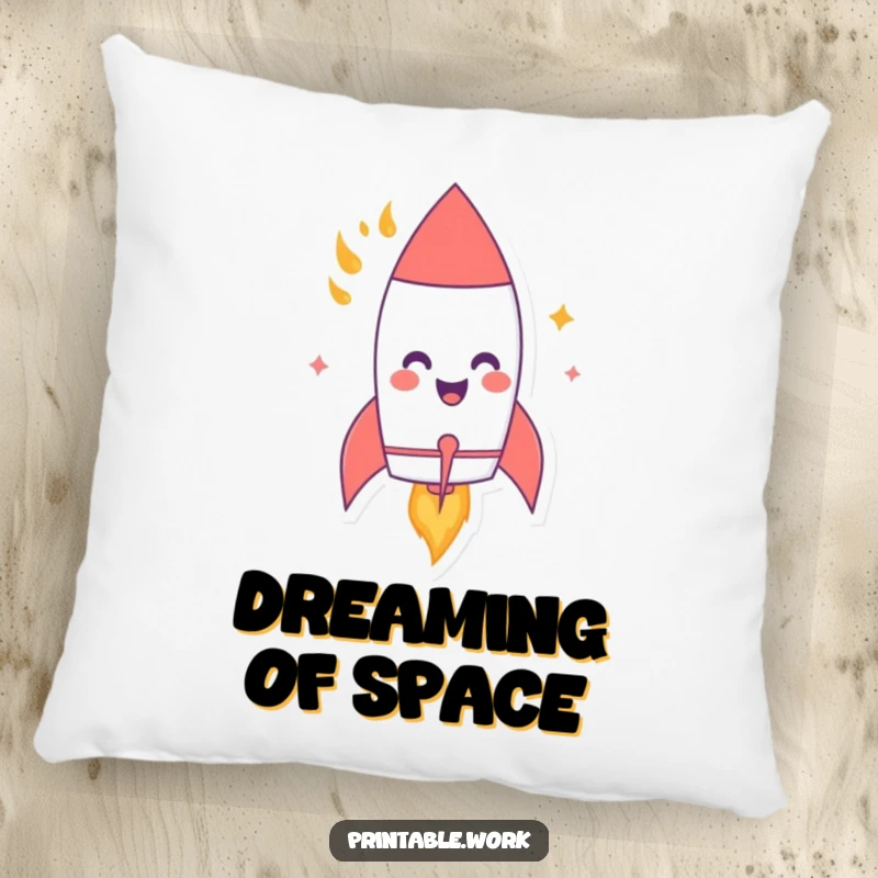 Funny pillow depicting a giggling paper rocket character with flames, blasting off for comfort and a humorous touch.