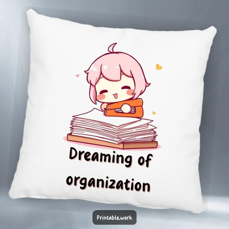 Funny pillow featuring a character comically trying to staple an entire ream of paper, perfect for comfortable, humorous lounging.
