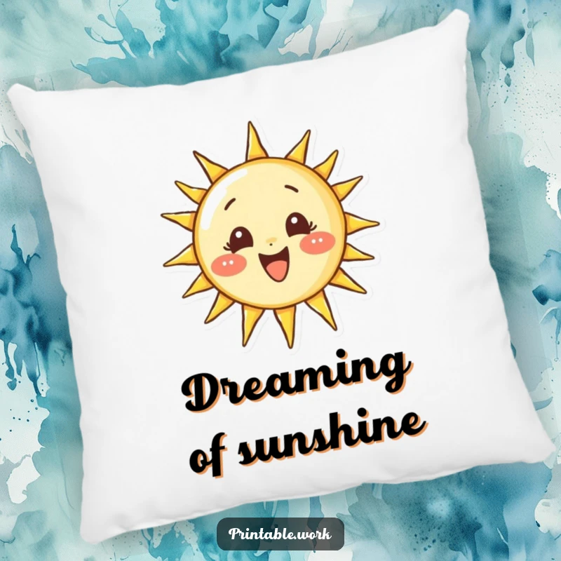 Funny pillow depicting a determined character drawing a perfect, smiling sun, adding comfort and a cheerful, focused vibe.